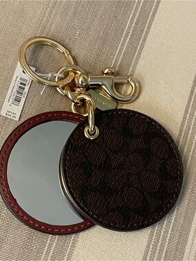 Coach Brown Signature Round Mirror Keychain with Gold Hardware 🎯bag not included